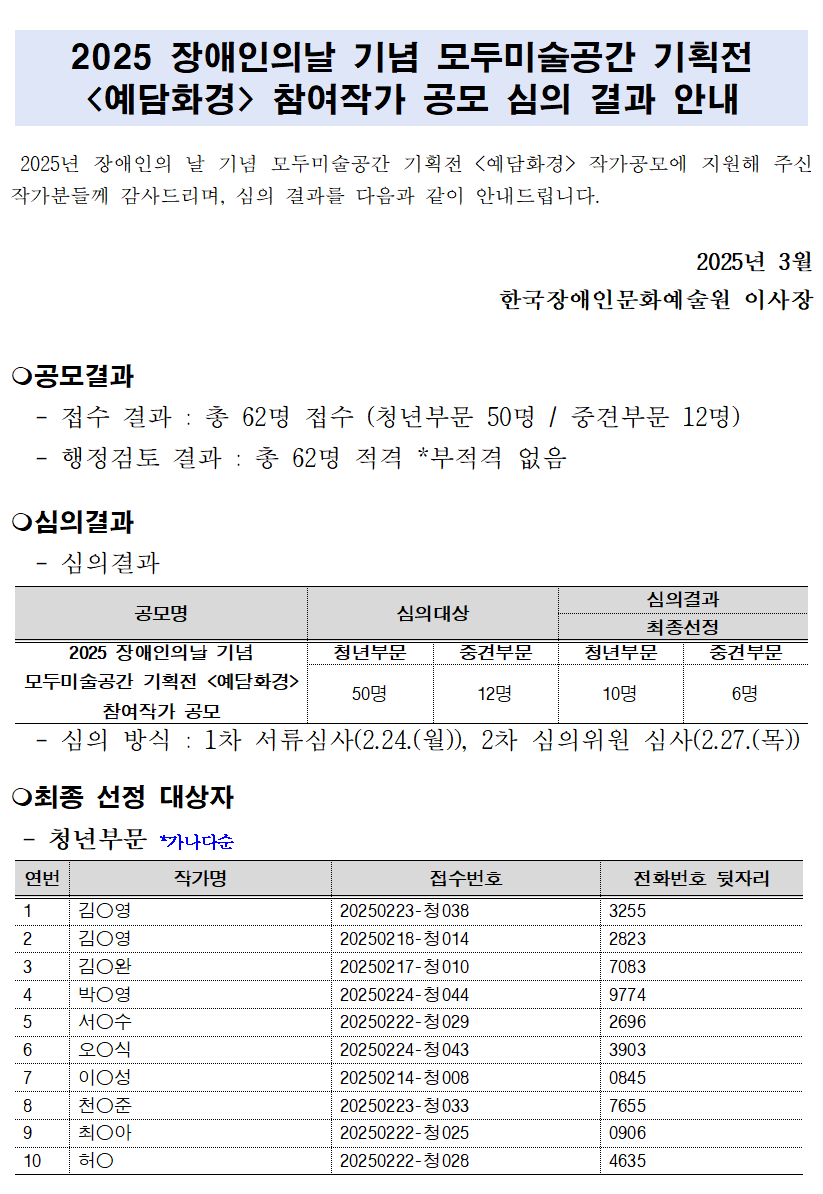 2025 장애인의날 기념 모두미술공간 기획전 <예담화경> 참여작가 심의 결과안내 이미지