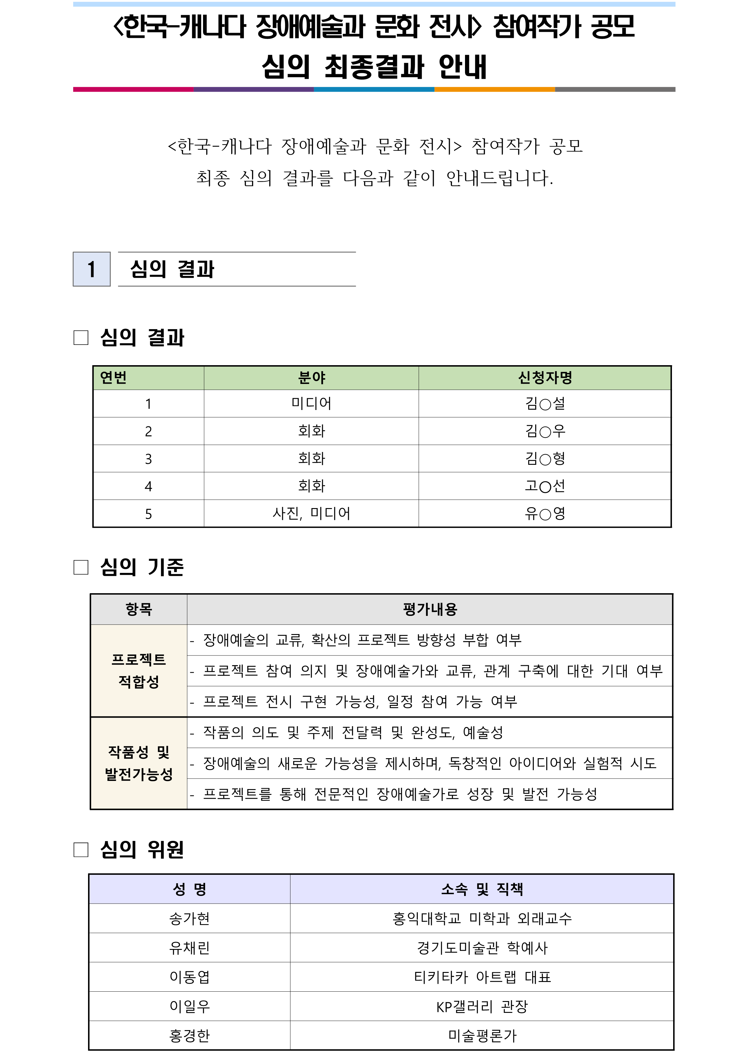<한국-캐나다 장애예술과 문화전시> 참여작가 공모 심의 최종결과 안내 이미지